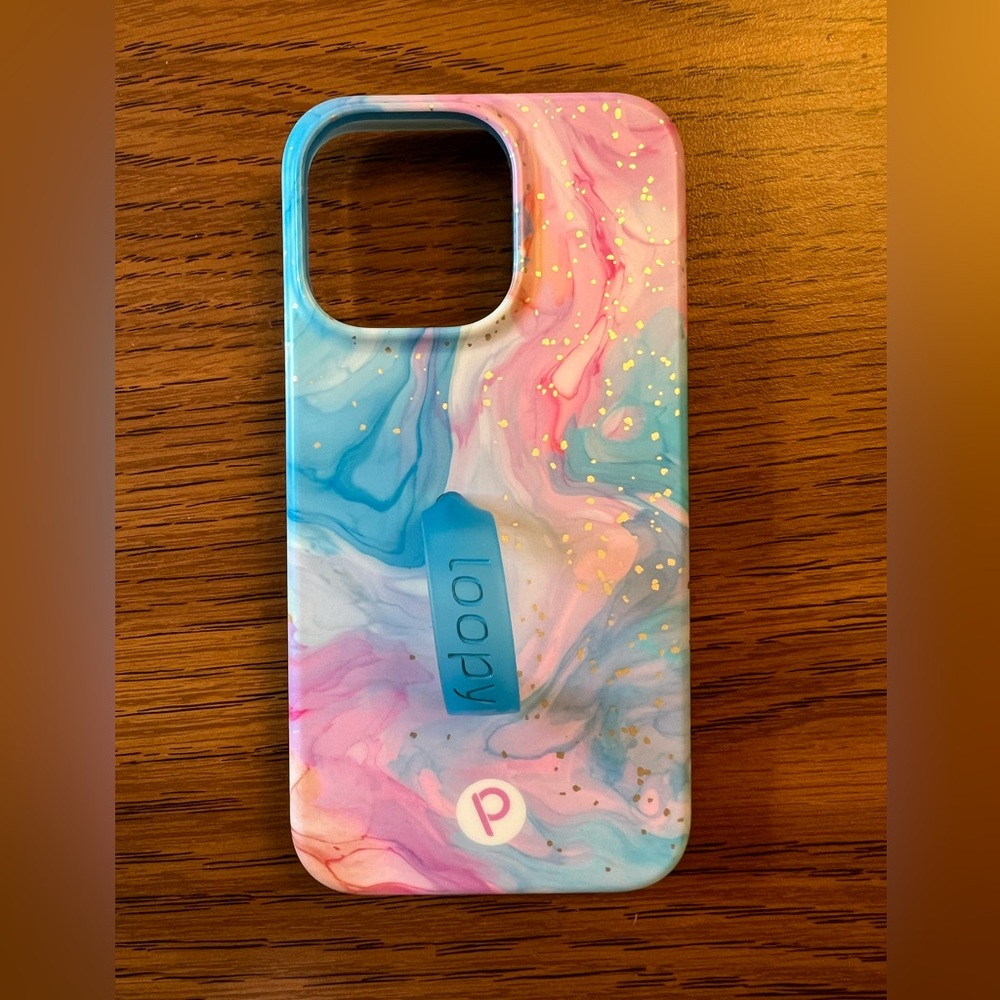 iPhone 13 Pro Loopy Case - Pink and Blue Swirl with Gold Accents